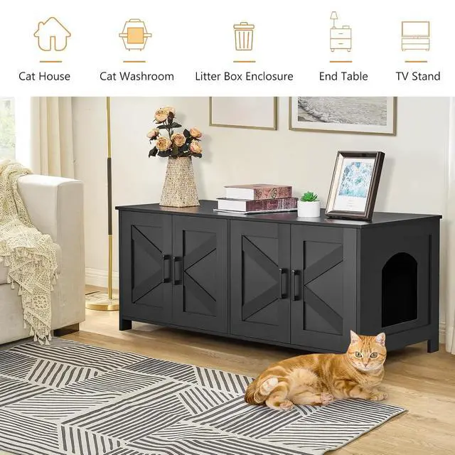 Alt view image 6 of 7 - Homhedy 47.2L Cat Litter Box Enclosure for 2 Cats, Black | Wooden Litter Box Furniture Hidden with Double Room, Cat Washroom, Cat House, Dog-Proof, TV Stand,Farmhouse Style