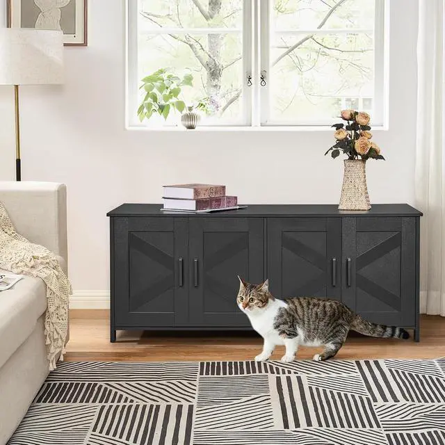 Alt view image 7 of 7 - Homhedy 47.2L Cat Litter Box Enclosure for 2 Cats, Black | Wooden Litter Box Furniture Hidden with Double Room, Cat Washroom, Cat House, Dog-Proof, TV Stand,Farmhouse Style