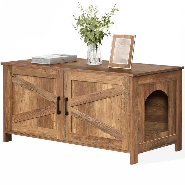 Main image of Homhedy 39.4" L Cat Litter Box Enclosure with Barn Door, Rustic Walnut | Wooden Cat Washroom Furniture, Cat House, Pet Storage Cabinet, Dog-Proof, Fit Most of Litter Box, Farmhouse Style