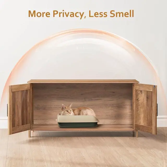 Alt view image 2 of 7 - Homhedy 39.4" L Cat Litter Box Enclosure with Barn Door, Rustic Walnut | Wooden Cat Washroom Furniture, Cat House, Pet Storage Cabinet, Dog-Proof, Fit Most of Litter Box, Farmhouse Style