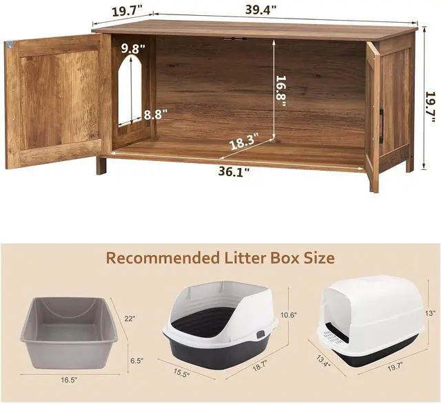 Alt view image 5 of 7 - Homhedy 39.4" L Cat Litter Box Enclosure with Barn Door, Rustic Walnut | Wooden Cat Washroom Furniture, Cat House, Pet Storage Cabinet, Dog-Proof, Fit Most of Litter Box, Farmhouse Style