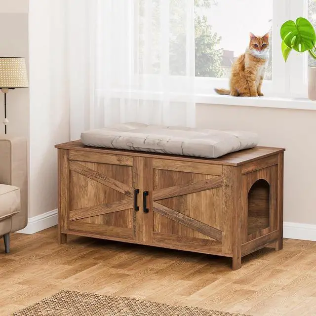 Alt view image 6 of 7 - Homhedy 39.4" L Cat Litter Box Enclosure with Barn Door, Rustic Walnut | Wooden Cat Washroom Furniture, Cat House, Pet Storage Cabinet, Dog-Proof, Fit Most of Litter Box, Farmhouse Style