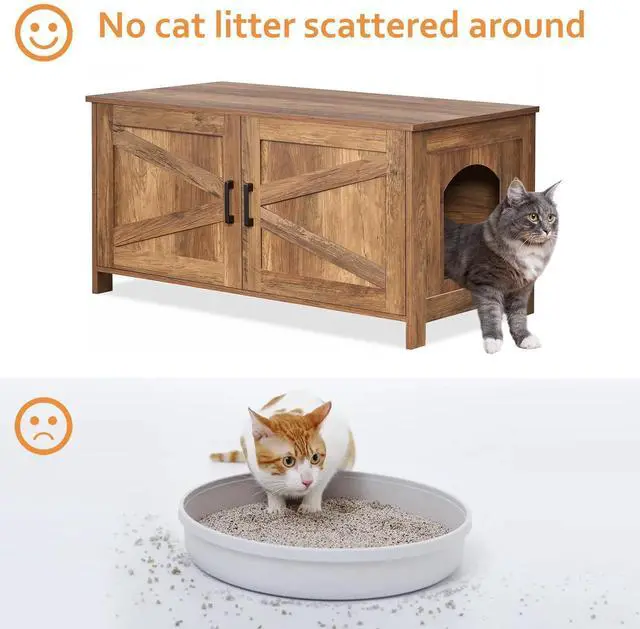 Alt view image 3 of 7 - Homhedy 39.4" L Cat Litter Box Enclosure with Barn Door, Rustic Walnut | Wooden Cat Washroom Furniture, Cat House, Pet Storage Cabinet, Dog-Proof, Fit Most of Litter Box, Farmhouse Style