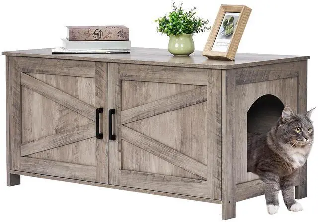 Main image of Homhedy 39.4" L Cat Litter Box Enclosure with Barn Door, Greige | Wooden Cat Washroom Furniture, Cat House, Pet Storage Cabinet, Dog-Proof, Fit Most of Litter Box, Farmhouse Style