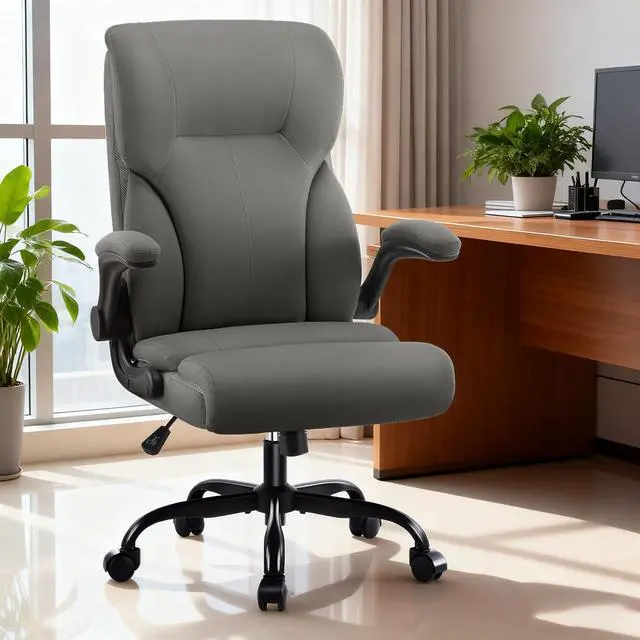 Alt view image 2 of 7 - Executive Office Chair,High Back Ergonomic Comfy Desk Chair with Padded Flip-up Armrests and Wheels,PU Leather Heavy Duty Computer Swivel Rolling Task Chair for Home Office,Adults,Gray