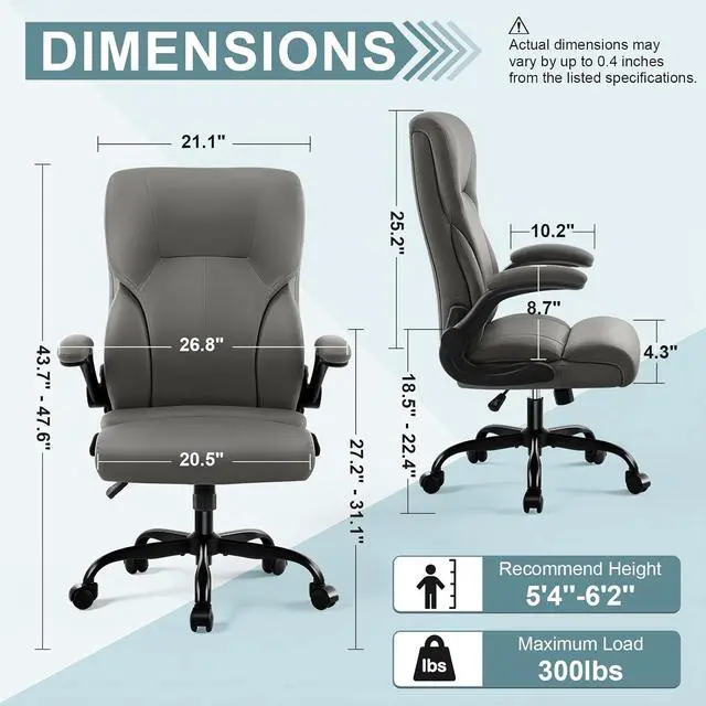 Alt view image 3 of 7 - Executive Office Chair,High Back Ergonomic Comfy Desk Chair with Padded Flip-up Armrests and Wheels,PU Leather Heavy Duty Computer Swivel Rolling Task Chair for Home Office,Adults,Gray