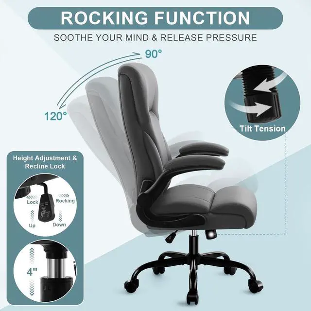 Alt view image 4 of 7 - Executive Office Chair,High Back Ergonomic Comfy Desk Chair with Padded Flip-up Armrests and Wheels,PU Leather Heavy Duty Computer Swivel Rolling Task Chair for Home Office,Adults,Gray
