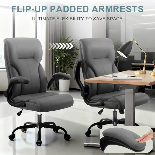 Alt view image 5 of 7 - Executive Office Chair,High Back Ergonomic Comfy Desk Chair with Padded Flip-up Armrests and Wheels,PU Leather Heavy Duty Computer Swivel Rolling Task Chair for Home Office,Adults,Gray