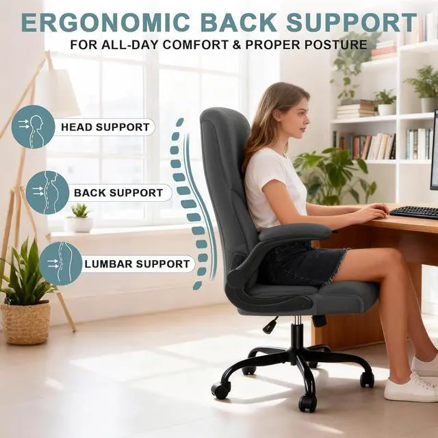 Alt view image 6 of 7 - Executive Office Chair,High Back Ergonomic Comfy Desk Chair with Padded Flip-up Armrests and Wheels,PU Leather Heavy Duty Computer Swivel Rolling Task Chair for Home Office,Adults,Gray