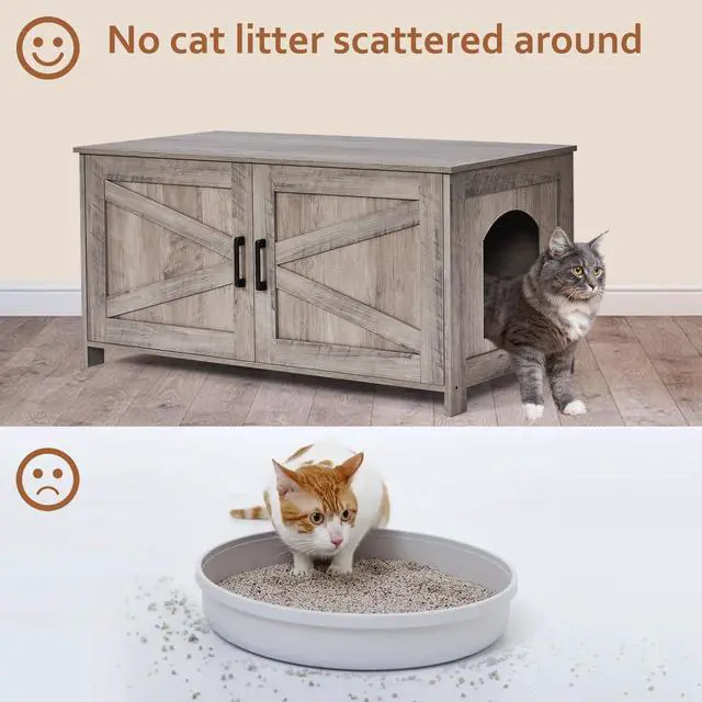 Alt view image 2 of 7 - Homhedy 39.4" L Cat Litter Box Enclosure with Barn Door, Greige | Wooden Cat Washroom Furniture, Cat House, Pet Storage Cabinet, Dog-Proof, Fit Most of Litter Box, Farmhouse Style