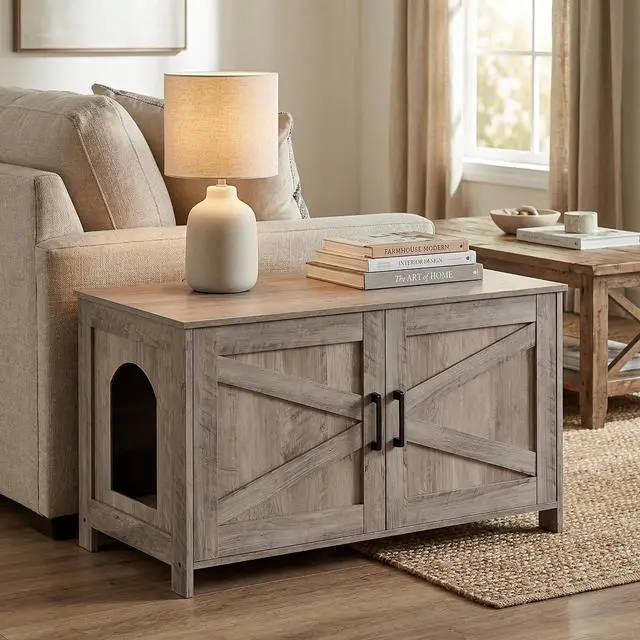 Alt view image 3 of 7 - Homhedy 39.4" L Cat Litter Box Enclosure with Barn Door, Greige | Wooden Cat Washroom Furniture, Cat House, Pet Storage Cabinet, Dog-Proof, Fit Most of Litter Box, Farmhouse Style