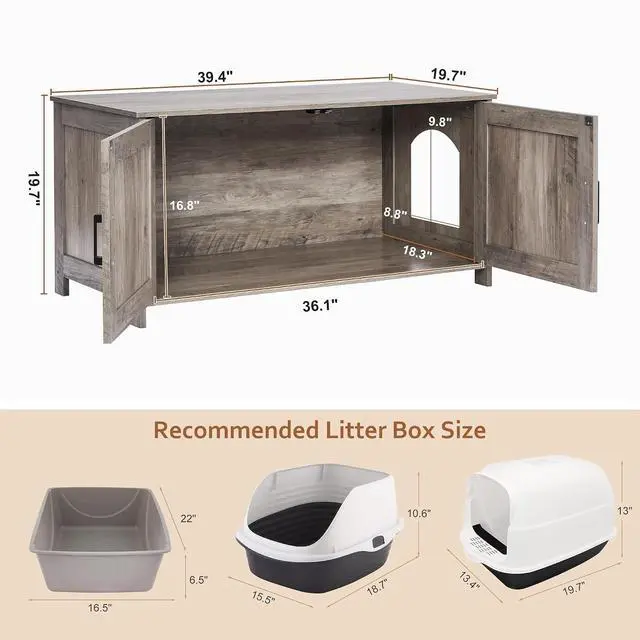 Alt view image 4 of 7 - Homhedy 39.4" L Cat Litter Box Enclosure with Barn Door, Greige | Wooden Cat Washroom Furniture, Cat House, Pet Storage Cabinet, Dog-Proof, Fit Most of Litter Box, Farmhouse Style