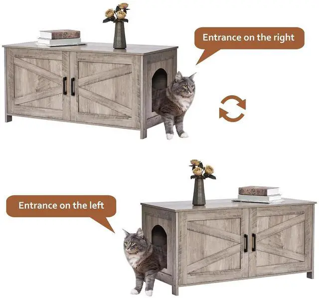 Alt view image 6 of 7 - Homhedy 39.4" L Cat Litter Box Enclosure with Barn Door, Greige | Wooden Cat Washroom Furniture, Cat House, Pet Storage Cabinet, Dog-Proof, Fit Most of Litter Box, Farmhouse Style
