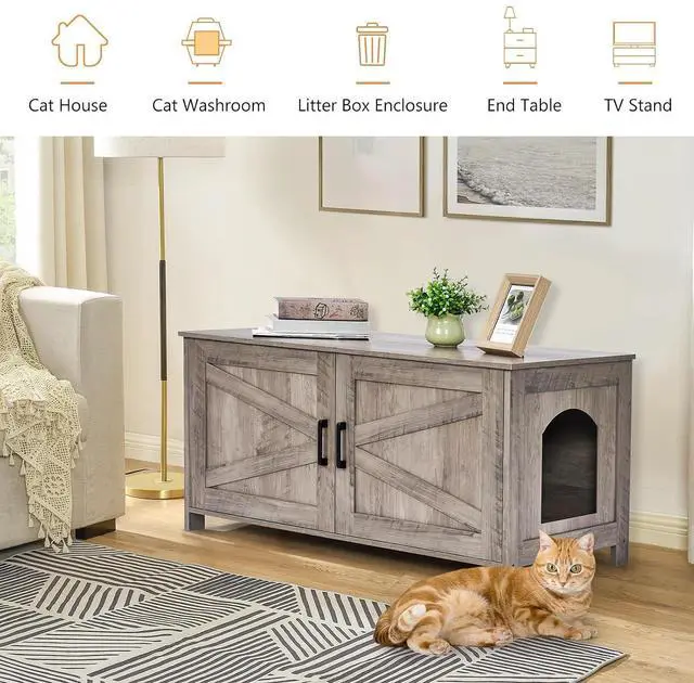 Alt view image 5 of 7 - Homhedy 39.4" L Cat Litter Box Enclosure with Barn Door, Greige | Wooden Cat Washroom Furniture, Cat House, Pet Storage Cabinet, Dog-Proof, Fit Most of Litter Box, Farmhouse Style