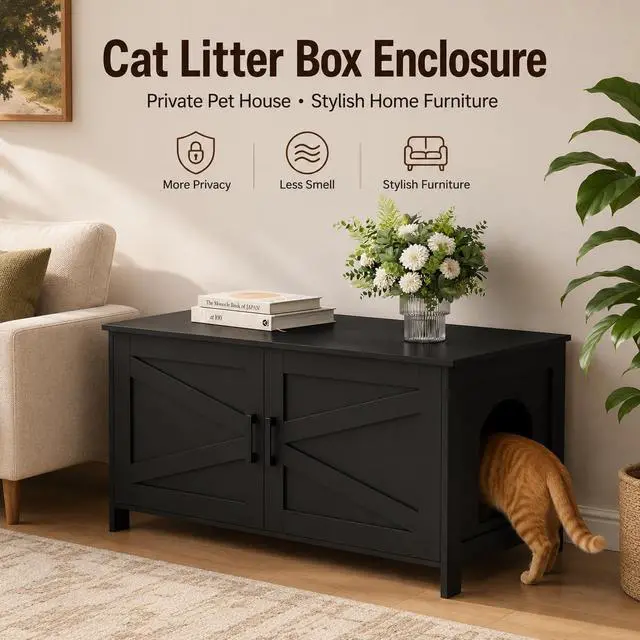 Alt view image 3 of 7 - Homhedy 39.4" L Cat Litter Box Enclosure with Barn Door, Black | Wooden Cat Washroom Furniture, Cat House, Pet Storage Cabinet, Dog-Proof, Fit Most of Litter Box, Farmhouse Style