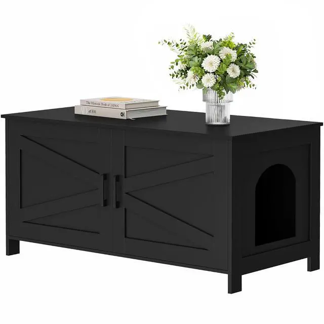 Main image of Homhedy 39.4" L Cat Litter Box Enclosure with Barn Door, Black | Wooden Cat Washroom Furniture, Cat House, Pet Storage Cabinet, Dog-Proof, Fit Most of Litter Box, Farmhouse Style