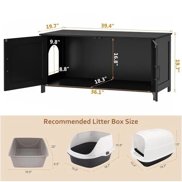Alt view image 4 of 7 - Homhedy 39.4" L Cat Litter Box Enclosure with Barn Door, Black | Wooden Cat Washroom Furniture, Cat House, Pet Storage Cabinet, Dog-Proof, Fit Most of Litter Box, Farmhouse Style