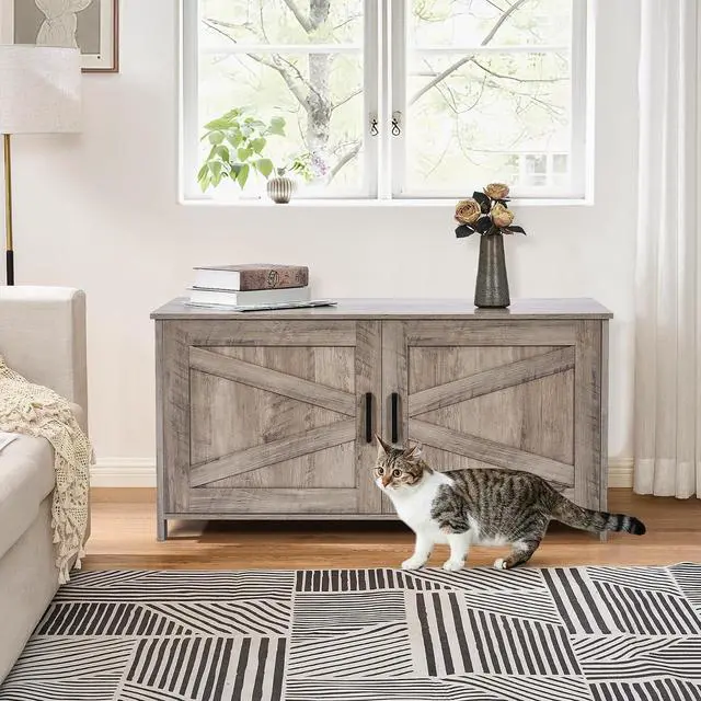 Alt view image 7 of 7 - Homhedy 39.4" L Cat Litter Box Enclosure with Barn Door, Greige | Wooden Cat Washroom Furniture, Cat House, Pet Storage Cabinet, Dog-Proof, Fit Most of Litter Box, Farmhouse Style