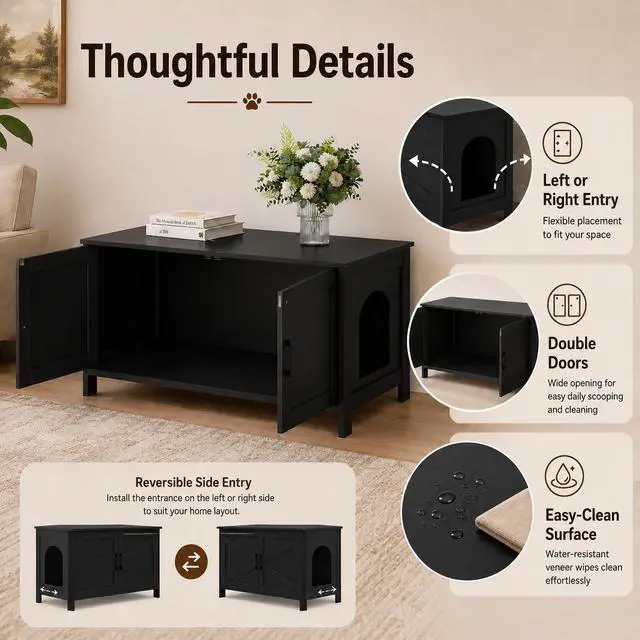 Alt view image 5 of 7 - Homhedy 39.4" L Cat Litter Box Enclosure with Barn Door, Black | Wooden Cat Washroom Furniture, Cat House, Pet Storage Cabinet, Dog-Proof, Fit Most of Litter Box, Farmhouse Style