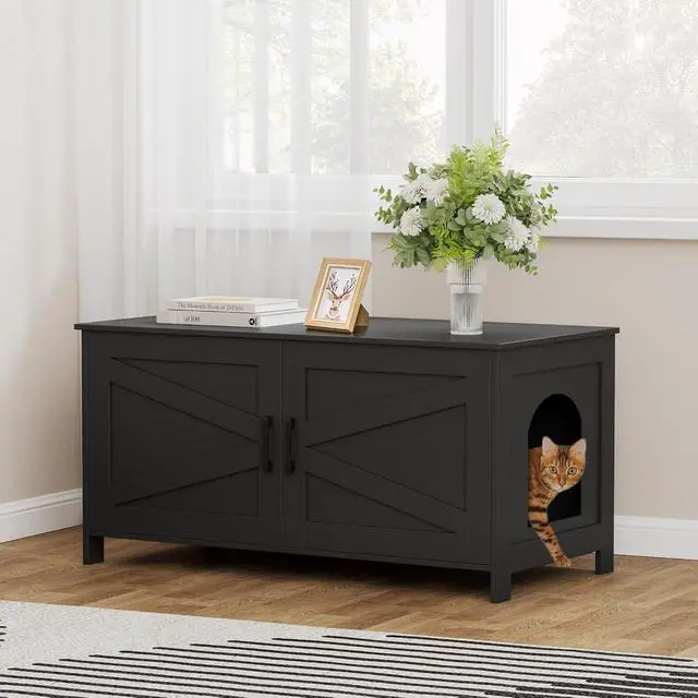 Alt view image 6 of 7 - Homhedy 39.4" L Cat Litter Box Enclosure with Barn Door, Black | Wooden Cat Washroom Furniture, Cat House, Pet Storage Cabinet, Dog-Proof, Fit Most of Litter Box, Farmhouse Style