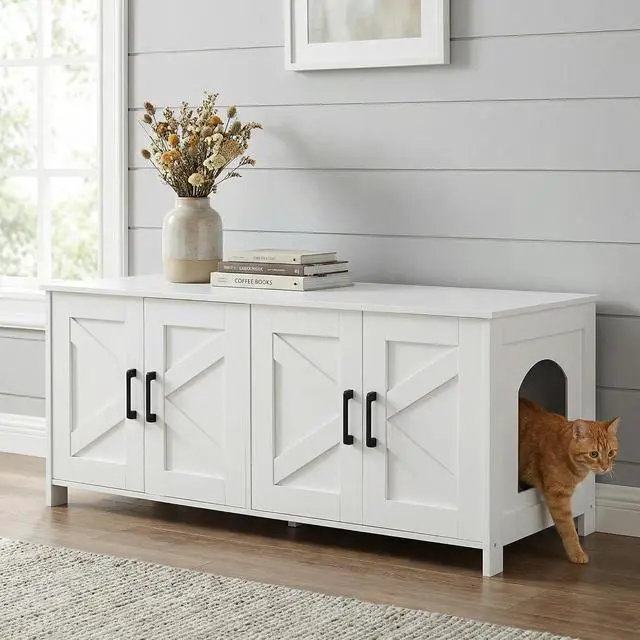 Main image of Homhedy 47.2L Cat Litter Box Enclosure for 2 Cats, White | Wooden Litter Box Furniture Hidden with Double Room, Cat Washroom, Cat House, Dog-Proof, TV Stand,Farmhouse Style