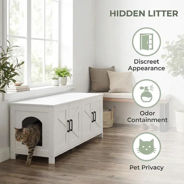 Alt view image 2 of 7 - Homhedy 47.2L Cat Litter Box Enclosure for 2 Cats, White | Wooden Litter Box Furniture Hidden with Double Room, Cat Washroom, Cat House, Dog-Proof, TV Stand,Farmhouse Style