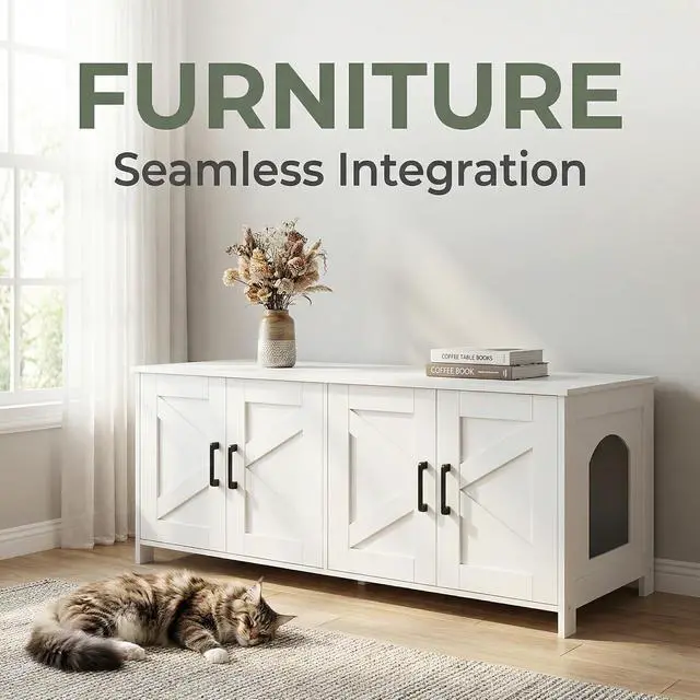 Alt view image 3 of 7 - Homhedy 47.2L Cat Litter Box Enclosure for 2 Cats, White | Wooden Litter Box Furniture Hidden with Double Room, Cat Washroom, Cat House, Dog-Proof, TV Stand,Farmhouse Style