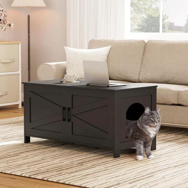 Alt view image 7 of 7 - Homhedy 39.4" L Cat Litter Box Enclosure with Barn Door, Black | Wooden Cat Washroom Furniture, Cat House, Pet Storage Cabinet, Dog-Proof, Fit Most of Litter Box, Farmhouse Style