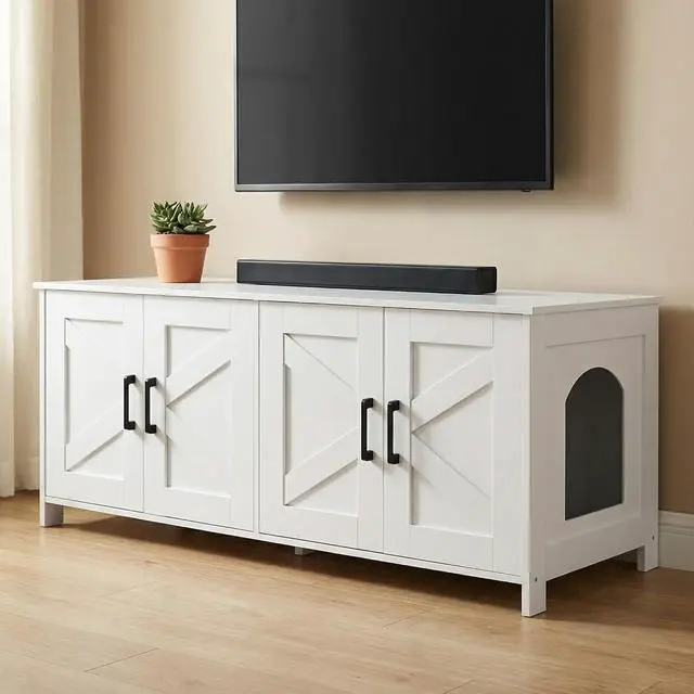 Alt view image 5 of 7 - Homhedy 47.2L Cat Litter Box Enclosure for 2 Cats, White | Wooden Litter Box Furniture Hidden with Double Room, Cat Washroom, Cat House, Dog-Proof, TV Stand,Farmhouse Style