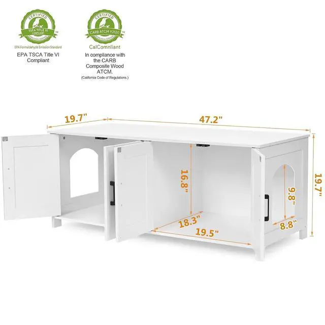 Alt view image 4 of 7 - Homhedy 47.2L Cat Litter Box Enclosure for 2 Cats, White | Wooden Litter Box Furniture Hidden with Double Room, Cat Washroom, Cat House, Dog-Proof, TV Stand,Farmhouse Style