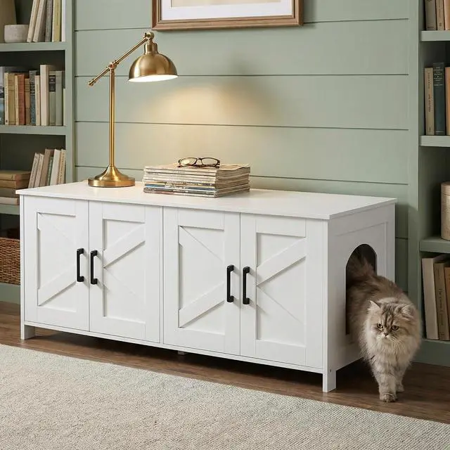 Alt view image 6 of 7 - Homhedy 47.2L Cat Litter Box Enclosure for 2 Cats, White | Wooden Litter Box Furniture Hidden with Double Room, Cat Washroom, Cat House, Dog-Proof, TV Stand,Farmhouse Style