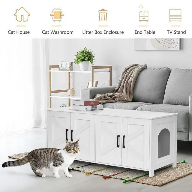 Alt view image 7 of 7 - Homhedy 47.2L Cat Litter Box Enclosure for 2 Cats, White | Wooden Litter Box Furniture Hidden with Double Room, Cat Washroom, Cat House, Dog-Proof, TV Stand,Farmhouse Style