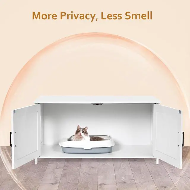 Alt view image 2 of 7 - Homhedy 39.4" L Cat Litter Box Enclosure with Barn Door, White | Wooden Cat Washroom Furniture, Cat House, Pet Storage Cabinet, Dog-Proof, Fit Most of Litter Box, Farmhouse Style