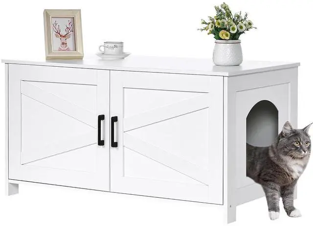 Main image of Homhedy 39.4" L Cat Litter Box Enclosure with Barn Door, White | Wooden Cat Washroom Furniture, Cat House, Pet Storage Cabinet, Dog-Proof, Fit Most of Litter Box, Farmhouse Style