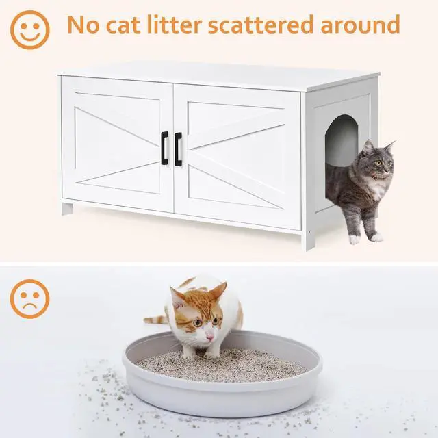 Alt view image 3 of 7 - Homhedy 39.4" L Cat Litter Box Enclosure with Barn Door, White | Wooden Cat Washroom Furniture, Cat House, Pet Storage Cabinet, Dog-Proof, Fit Most of Litter Box, Farmhouse Style