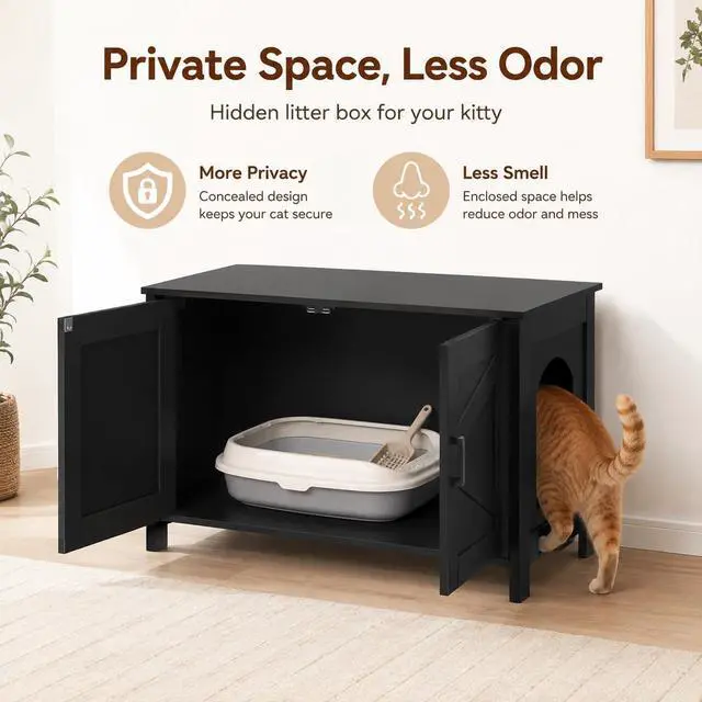 Alt view image 2 of 7 - Homhedy 31.5" L Cat Litter Box Enclosure with Barn Door, Black | Wooden Cat Washroom Furniture, Cat House, Pet Storage Cabinet, Dog-Proof, Fit Most of Litter Box, Farmhouse Style