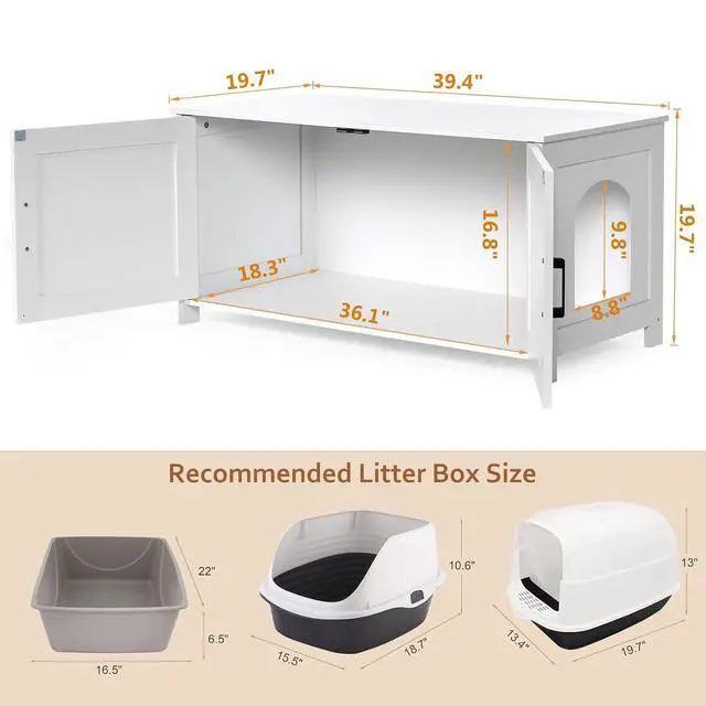 Alt view image 5 of 7 - Homhedy 39.4" L Cat Litter Box Enclosure with Barn Door, White | Wooden Cat Washroom Furniture, Cat House, Pet Storage Cabinet, Dog-Proof, Fit Most of Litter Box, Farmhouse Style