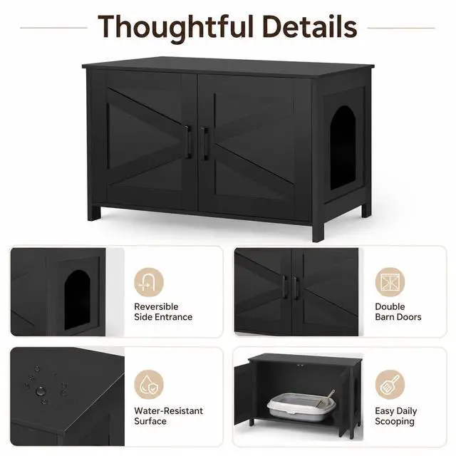 Alt view image 3 of 7 - Homhedy 31.5" L Cat Litter Box Enclosure with Barn Door, Black | Wooden Cat Washroom Furniture, Cat House, Pet Storage Cabinet, Dog-Proof, Fit Most of Litter Box, Farmhouse Style