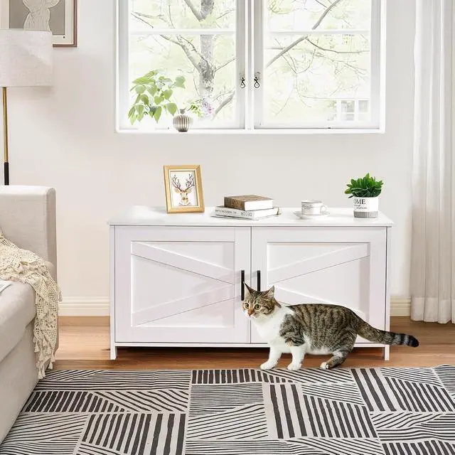 Alt view image 7 of 7 - Homhedy 39.4" L Cat Litter Box Enclosure with Barn Door, White | Wooden Cat Washroom Furniture, Cat House, Pet Storage Cabinet, Dog-Proof, Fit Most of Litter Box, Farmhouse Style