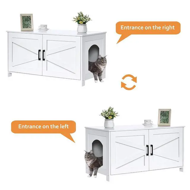 Alt view image 6 of 7 - Homhedy 39.4" L Cat Litter Box Enclosure with Barn Door, White | Wooden Cat Washroom Furniture, Cat House, Pet Storage Cabinet, Dog-Proof, Fit Most of Litter Box, Farmhouse Style