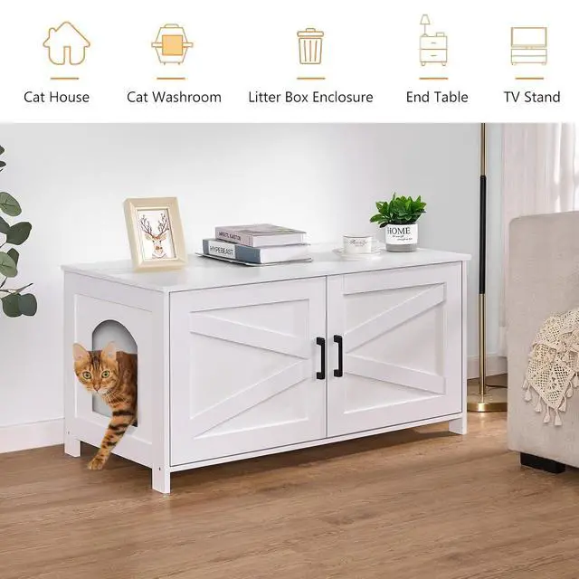 Alt view image 4 of 7 - Homhedy 39.4" L Cat Litter Box Enclosure with Barn Door, White | Wooden Cat Washroom Furniture, Cat House, Pet Storage Cabinet, Dog-Proof, Fit Most of Litter Box, Farmhouse Style