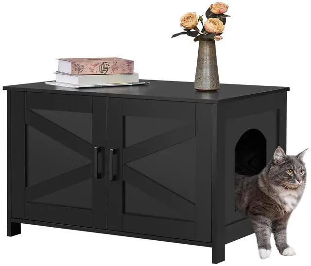Main image of Homhedy 31.5" L Cat Litter Box Enclosure with Barn Door, Black | Wooden Cat Washroom Furniture, Cat House, Pet Storage Cabinet, Dog-Proof, Fit Most of Litter Box, Farmhouse Style