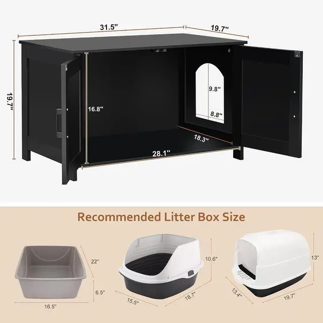 Alt view image 4 of 7 - Homhedy 31.5" L Cat Litter Box Enclosure with Barn Door, Black | Wooden Cat Washroom Furniture, Cat House, Pet Storage Cabinet, Dog-Proof, Fit Most of Litter Box, Farmhouse Style