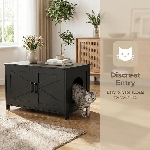 Alt view image 5 of 7 - Homhedy 31.5" L Cat Litter Box Enclosure with Barn Door, Black | Wooden Cat Washroom Furniture, Cat House, Pet Storage Cabinet, Dog-Proof, Fit Most of Litter Box, Farmhouse Style