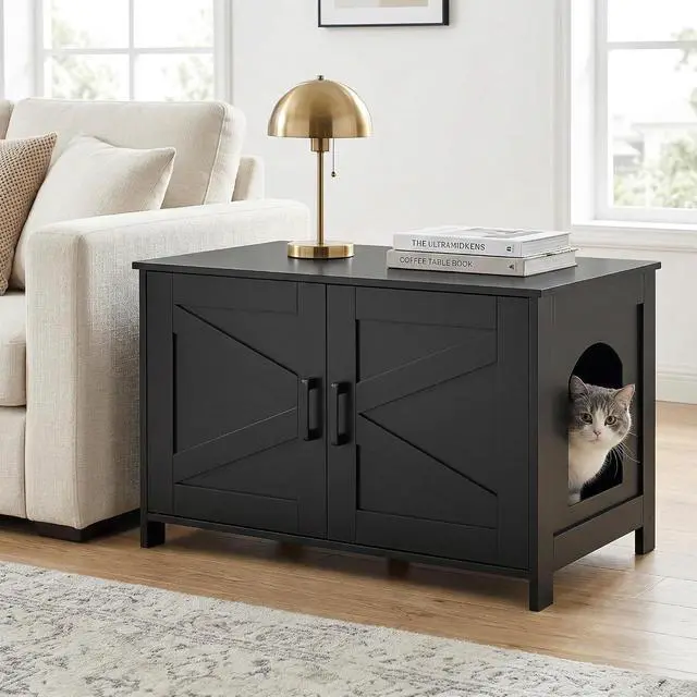 Alt view image 7 of 7 - Homhedy 31.5" L Cat Litter Box Enclosure with Barn Door, Black | Wooden Cat Washroom Furniture, Cat House, Pet Storage Cabinet, Dog-Proof, Fit Most of Litter Box, Farmhouse Style