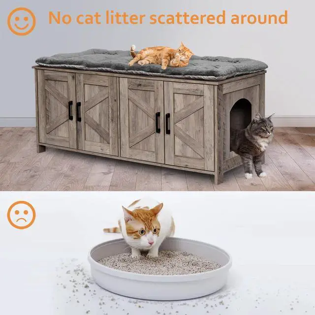Alt view image 4 of 7 - Homhedy 47.2L Cat Litter Box Enclosure for 2 Cats, Greige | Wooden Litter Box Furniture Hidden with Double Room, Cat Washroom, Cat House, Dog-Proof, TV Stand,Farmhouse Style
