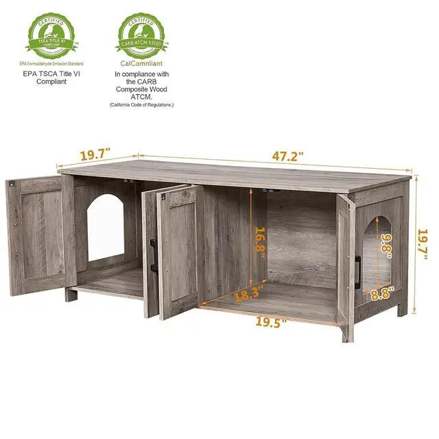 Alt view image 3 of 7 - Homhedy 47.2L Cat Litter Box Enclosure for 2 Cats, Greige | Wooden Litter Box Furniture Hidden with Double Room, Cat Washroom, Cat House, Dog-Proof, TV Stand,Farmhouse Style