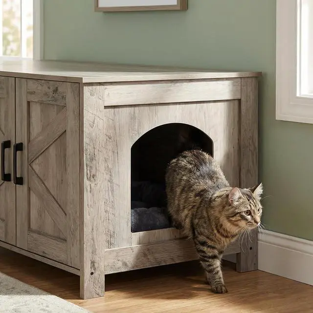 Alt view image 6 of 7 - Homhedy 47.2L Cat Litter Box Enclosure for 2 Cats, Greige | Wooden Litter Box Furniture Hidden with Double Room, Cat Washroom, Cat House, Dog-Proof, TV Stand,Farmhouse Style