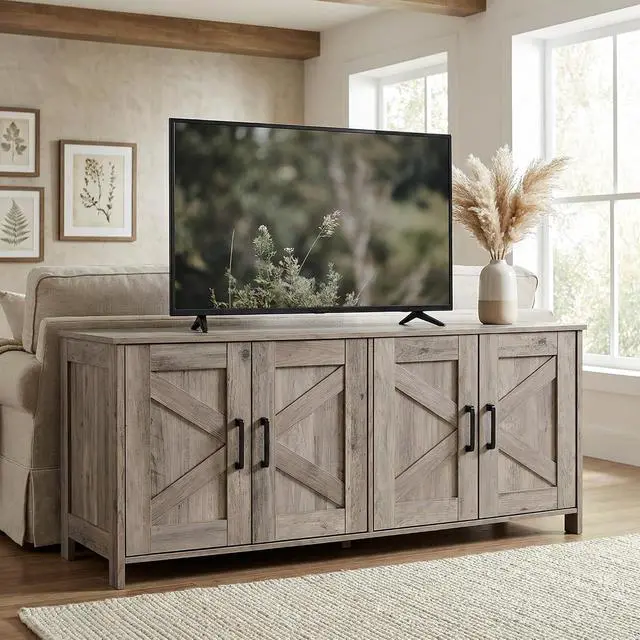 Alt view image 2 of 7 - Homhedy 47.2L Cat Litter Box Enclosure for 2 Cats, Greige | Wooden Litter Box Furniture Hidden with Double Room, Cat Washroom, Cat House, Dog-Proof, TV Stand,Farmhouse Style