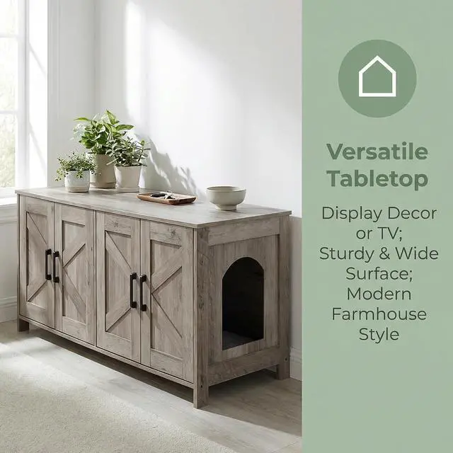 Alt view image 5 of 7 - Homhedy 47.2L Cat Litter Box Enclosure for 2 Cats, Greige | Wooden Litter Box Furniture Hidden with Double Room, Cat Washroom, Cat House, Dog-Proof, TV Stand,Farmhouse Style